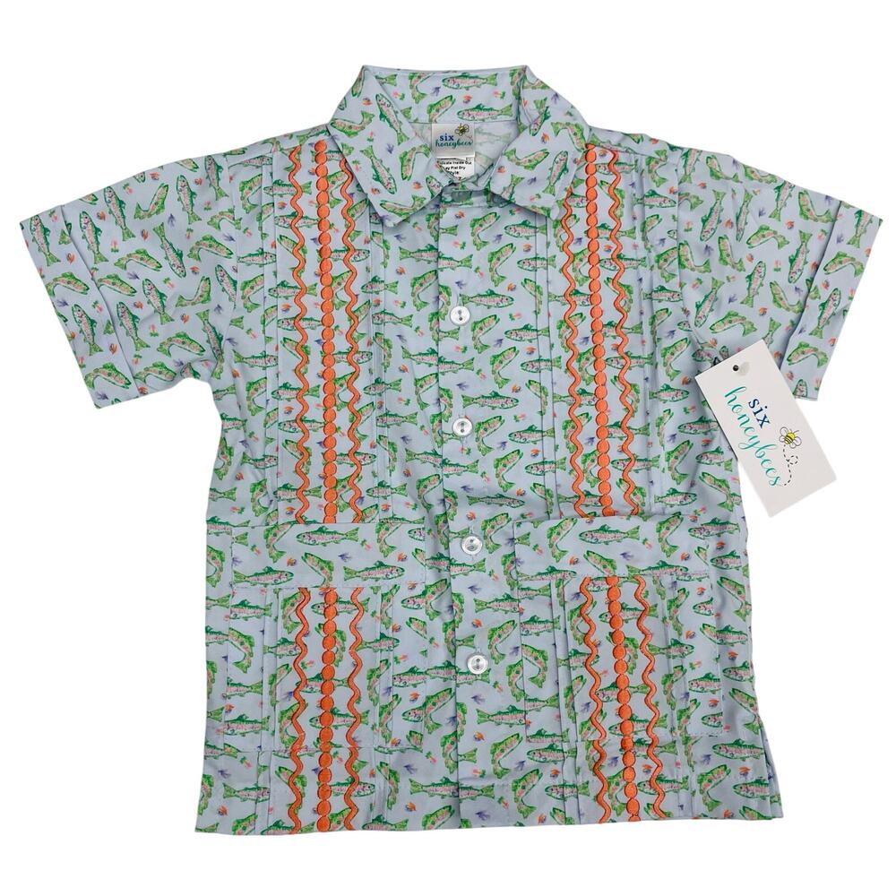 NWT Six Honeybees 12 Tight Lines Salmon Guayabera Shirt